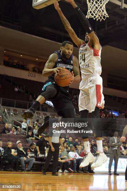 Sam Thompson of the Greensboro Swarm handles the ball during the game against the Erie Bay Hawks at the Erie Insurance Arena on November 18, 2017 in...