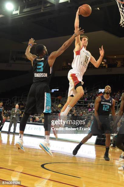 Nicolas Brussino of the Erie Bayhawks shoots the ball during the game against the Greensboro Swarm at the Erie Insurance Arena on November 18, 2017...