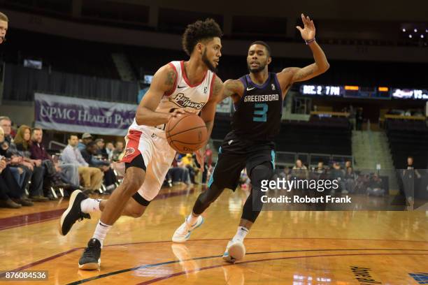 Tyler Dorsey of the Erie Bayhawks handles the ball during the game against the Greensboro Swarm at the Erie Insurance Arena on November 18, 2017 in...