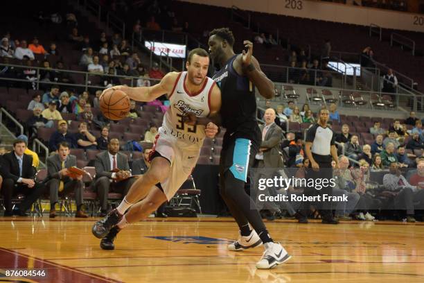 Miles Plumlee of the Erie Bayhawks handles the ball during the game against the Greensboro Swarm at the Erie Insurance Arena on November 18, 2017 in...