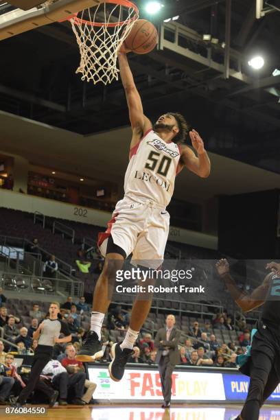 Tyler Dorsey of the Erie Bayhawks dunks the ball during the game against the Greensboro Swarm at the Erie Insurance Arena on November 18, 2017 in...