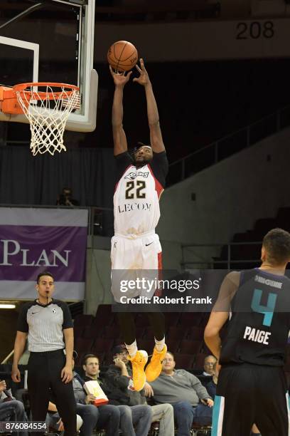 Jeremy Hollowell of the Erie Bay hawks dunks the ball during the game against the Greensboro Swarm at the Erie Insurance Arena on November 18, 2017...