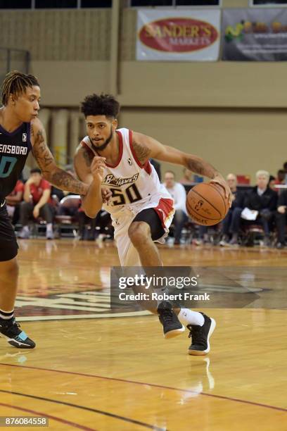 Tyler Dorsey of the Erie Bayhawks handles the ball during the game against the Greensboro Swarm at the Erie Insurance Arena on November 18, 2017 in...