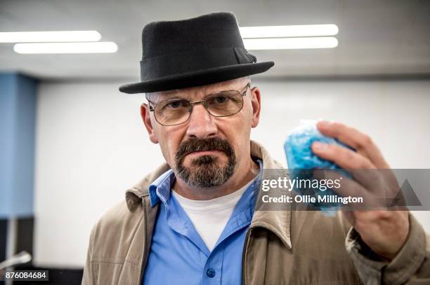 Walter Hartwell White Sr AKA Heisenberg from Breaking Bad seen during the Birmingham MCM Comic Con held at NEC Arena on November 18, 2017 in...