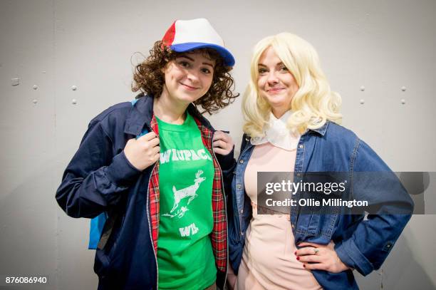 Cosplayers in character as the Millie Bobby Brown character Jane Ives, also known as Eleven and the Gaten Matarazzo character Dustin Henderson from...