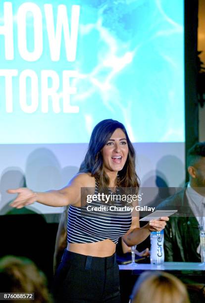 Arcy Carden speaks onstage during the ''Unreal vs. Superstore: Pop Culture Trivia Game Show,' part of Vulture Festival LA Presented by AT&T at...