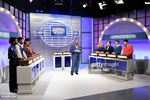 Episode 1731 -- Pictured: Gary Richardson as Ricky, Michael Che as Andre, Chris Redd as Mike, Leslie Jones as Janelle Harvey, Kenan Thompson as Steve...