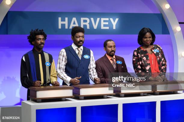 Episode 1731 -- Pictured: Gary Richardson as Ricky, Michael Che as Andre, Chris Redd as Mike, Leslie Jones as Janelle Harvey during "Family Feud -...