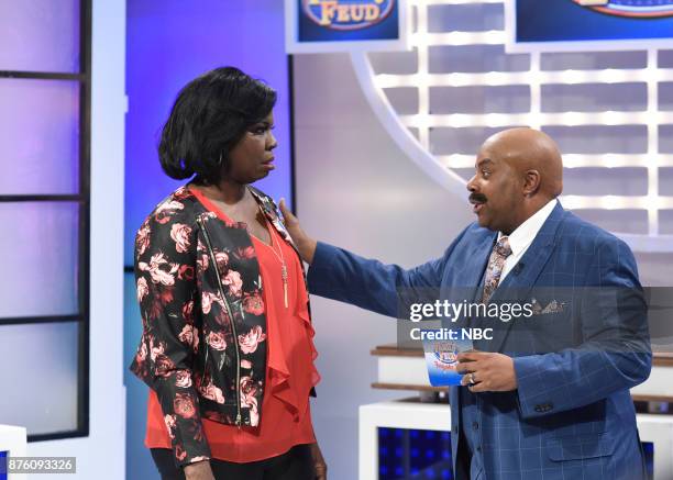 Episode 1731 -- Pictured: Leslie Jones as Janelle Harvey, Kenan Thompson as Steve Harvey during "Family Feud - Thanksgiving Edition" in Studio 8H on...