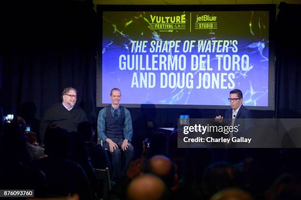 Moderator Chris Lee, filmmaker Guillermo del Toro and actor Doug Jones speak onstage during the 'Shape of Water' event, part of Vulture Festival LA...