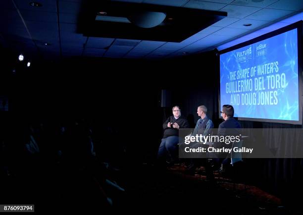 Moderator Chris Lee, filmmaker Guillermo del Toro and actor Doug Jones speak onstage during the 'Shape of Water' event, part of Vulture Festival LA...