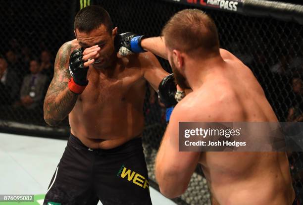 Marcin Tybura of Poland punches Fabricio Werdum of Brazil in their heavyweight bout during the UFC Fight Night event inside the Qudos Bank Arena on...