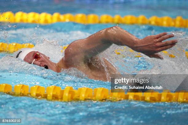 Trey Freeman of United States of America competes in the men's 1500m Freestyle heat during the FINA Swimming World Cup at OCBC Aquatic Centre on...