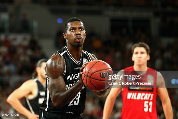 Casey Prather of Melbourne lines up for a free throw during the round seven NBL match between Melbourne and Perth on November 19, 2017 in Melbourne,...