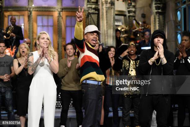 Episode 1731 -- Pictured: Skylar Grey, Chance The Rapper, Eminem during "Goodnights & Credits" in Studio 8H on Saturday, November 18, 2017 --