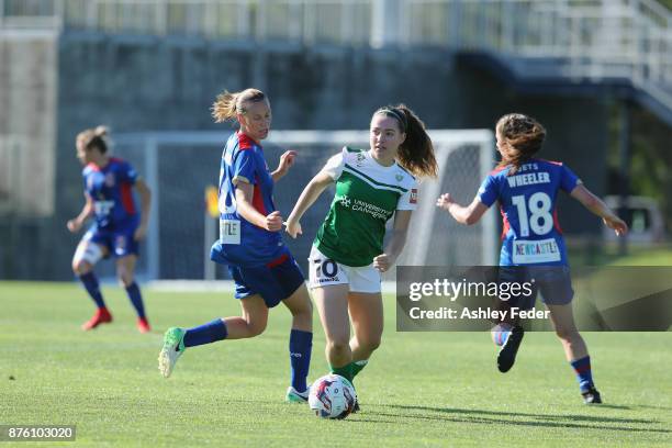 Grace Maher of Canberra United controls the ball ahead of the Jets defence during the round four W-League match between Newcastle and Canberra on...