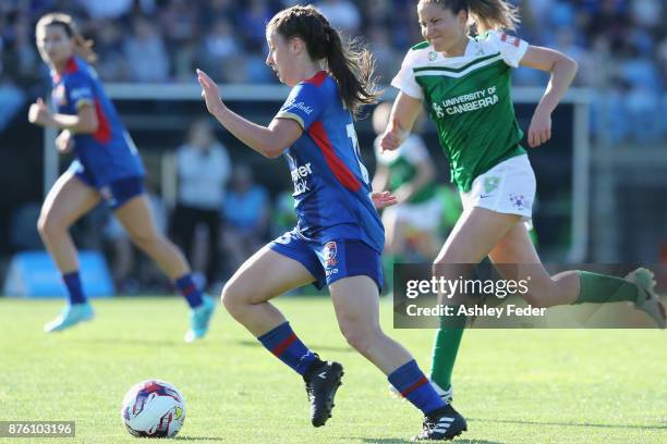 Clare Wheeler of the Jets in action during the round four W-League match between Newcastle and Canberra on November 19, 2017 in Newcastle, Australia.