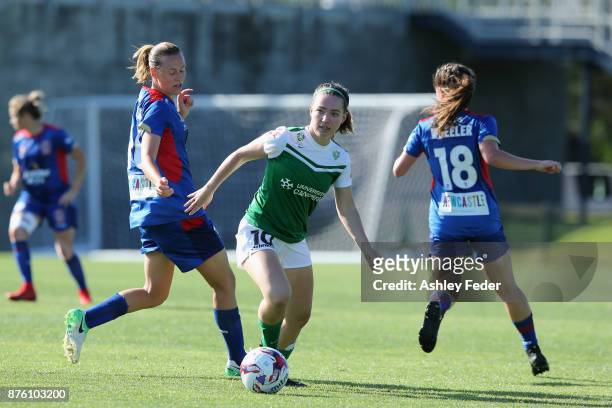 Grace Maher of Canberra United controls the ball ahead of the Jets defence during the round four W-League match between Newcastle and Canberra on...