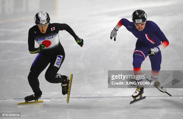 Hitomi Saito of Japan and Yara Kerkhof of Netherlands start during the men's 1000m quarterfinal event at the ISU World Cup Short Track Speed Skating...