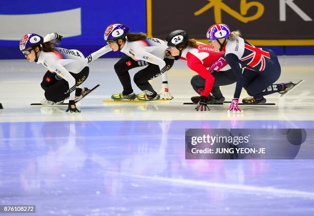 Choi Min-Jeong of South Korea, Shim Suk-Hee of South Korea, Kim Boutin of Canada and Elise Christie of Great Britain compete during the women's 1000m...