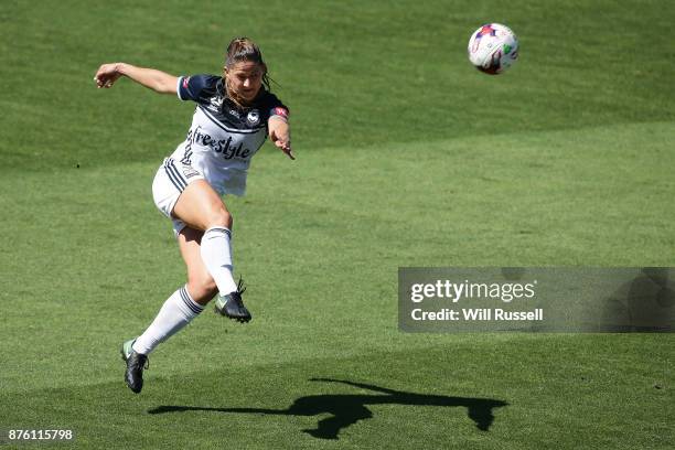 Laura Alleway of the Victory kicks the ball during the round four W-League match between Perth Glory and Melbourne Victory at nib Stadium on November...