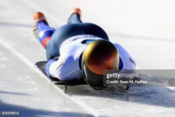 John Daly of USA compete in the Men's Skeleton during the BMW IBSF Bobsleigh and Skeleton World Cup at Utah Olympic Park on November 18, 2017 in Park...