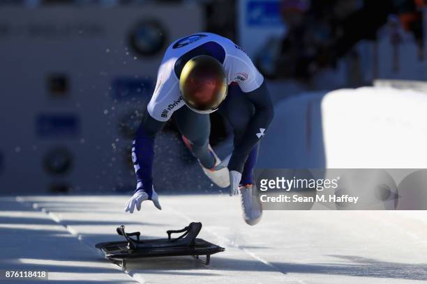 John Daly of USA compete in the Men's Skeleton during the BMW IBSF Bobsleigh and Skeleton World Cup at Utah Olympic Park on November 18, 2017 in Park...