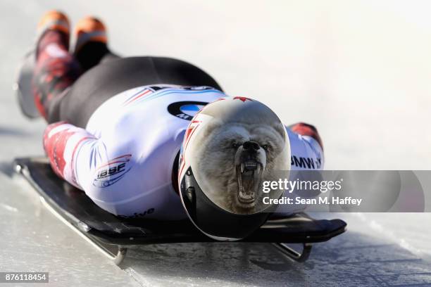 Barrett Martineau of Canada competes in the Men's Skeleton during the BMW IBSF Bobsleigh and Skeleton World Cup at Utah Olympic Park on November 18,...