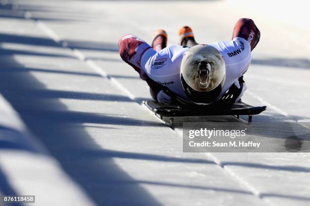 Barrett Martineau of Canada competes in the Men's Skeleton during the BMW IBSF Bobsleigh and Skeleton World Cup at Utah Olympic Park on November 18,...