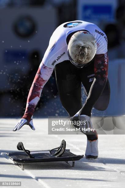 Barrett Martineau of Canada competes in the Men's Skeleton during the BMW IBSF Bobsleigh and Skeleton World Cup at Utah Olympic Park on November 18,...