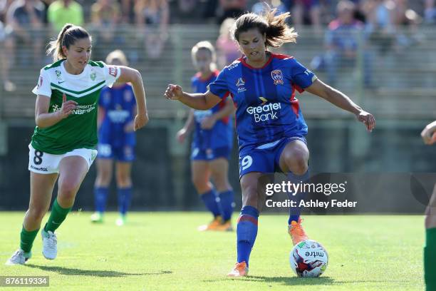 Katherine Stengel of the Jets contests the ball against Liana Danaskos of Canberra United during the round four W-League match between Newcastle and...