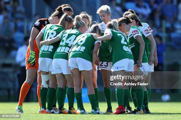 Canberra United team line up during the round four W-League match between Newcastle and Canberra on November 19, 2017 in Newcastle, Australia.