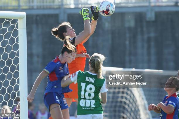 Haley Kopmeyer of Canberra United saves a goal during the round four W-League match between Newcastle and Canberra on November 19, 2017 in Newcastle,...