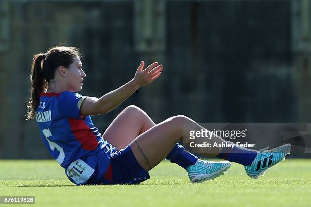 Arin Gilliland of the Jets signals to the referee during the round four W-League match between Newcastle and Canberra on November 19, 2017 in...