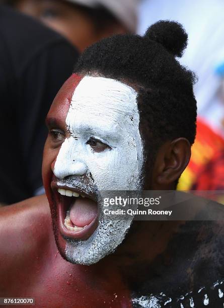 Papua new Guinea fan watches on during the 2017 Rugby League World Cup Quarter Final match between England and Papua New Guinea Kumuls at AAMI Park...