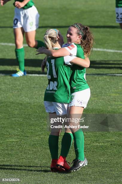 Canberra United players celebrate a goal from Toni Pressley during the round four W-League match between Newcastle and Canberra on November 19, 2017...