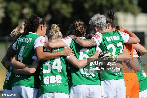 Canberra United team line up during the round four W-League match between Newcastle and Canberra on November 19, 2017 in Newcastle, Australia.