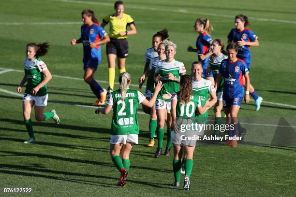 Canberra United players celebrate a goal from Toni Pressley during the round four W-League match between Newcastle and Canberra on November 19, 2017...