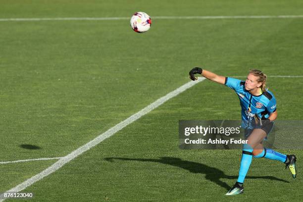 Britt Eckerstrom Goalkeeper of the Jets in action during the round four W-League match between Newcastle and Canberra on November 19, 2017 in...