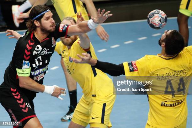 S Nikola Karabatic and Veszprem's Laszlo Nagy during the Champions League match between Veszprem and Paris Saint Germain on November 18, 2017 in...