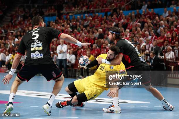 S Nikola Karabatic and Veszprem's Laszlo Nagy during the Champions League match between Veszprem and Paris Saint Germain on November 18, 2017 in...