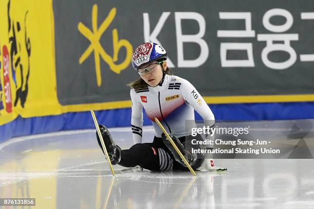 Shim Suk-Hee of South Korea falls in Ladies 1000m Final A during the Audi ISU World Cup Short Track Speed Skating at Mokdong Ice Rink on November 19,...