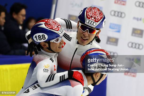Lim Hyo-Jun, Kim Do-Kyoum and Kwak Yoon-Gy of South Korea celebrates after winning the Men 5000m Relay Final A during the Audi ISU World Cup Short...
