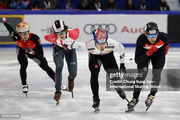 Hwang Dae-Heon of South Korea, Shaolin Sandor Liu of Hungary, Samuel Girard of Canada and Dajing Wu of China compete in the Men 1000m Final A during...