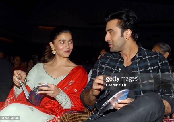 Indian Bollywood actors Alia Bhatt and Ranbir Kapoor attend a live concert by maestro Shankar Mahadevan organized to create awareness about the...