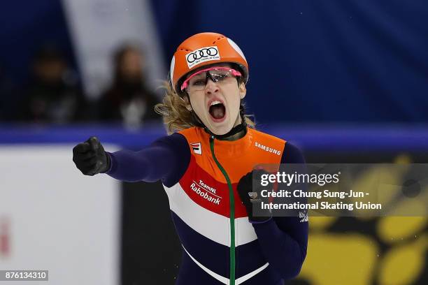 Suzanne Schulting of Netherlands celebrates after winning the Ladies 3000m Relay Final A during the Audi ISU World Cup Short Track Speed Skating at...