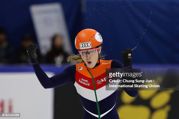 Suzanne Schulting of Netherlands celebrates after winning the Ladies 3000m Relay Final A during the Audi ISU World Cup Short Track Speed Skating at...