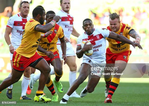 Jermaine McGillvary of England runs with the ball during the 2017 Rugby League World Cup Quarter Final match between England and Papua New Guinea...