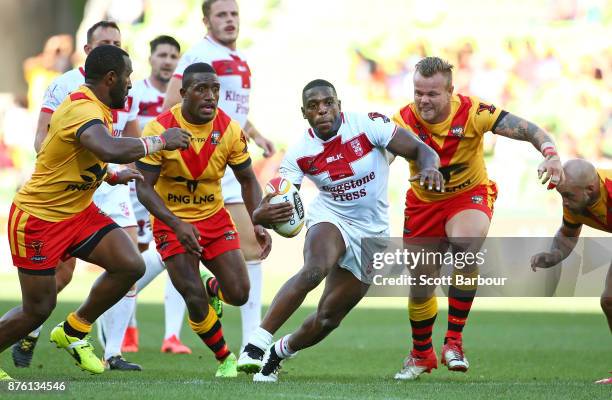 Jermaine McGillvary of England runs with the ball during the 2017 Rugby League World Cup Quarter Final match between England and Papua New Guinea...