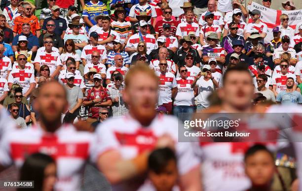 England fans sing the national anthem during the 2017 Rugby League World Cup Quarter Final match between England and Papua New Guinea Kumuls at AAMI...